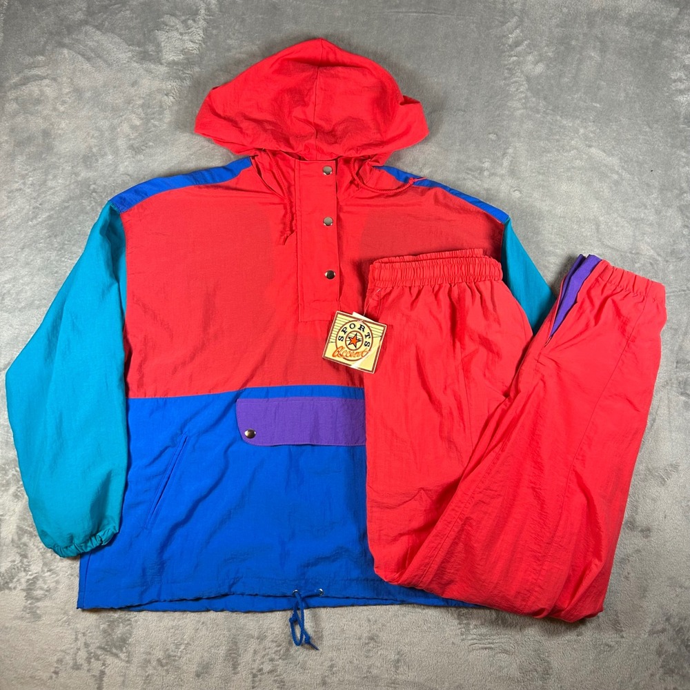 Vintage Sports Accent Nylon Tracksuit Set NWT Red Blue Colorblock Anorak Large